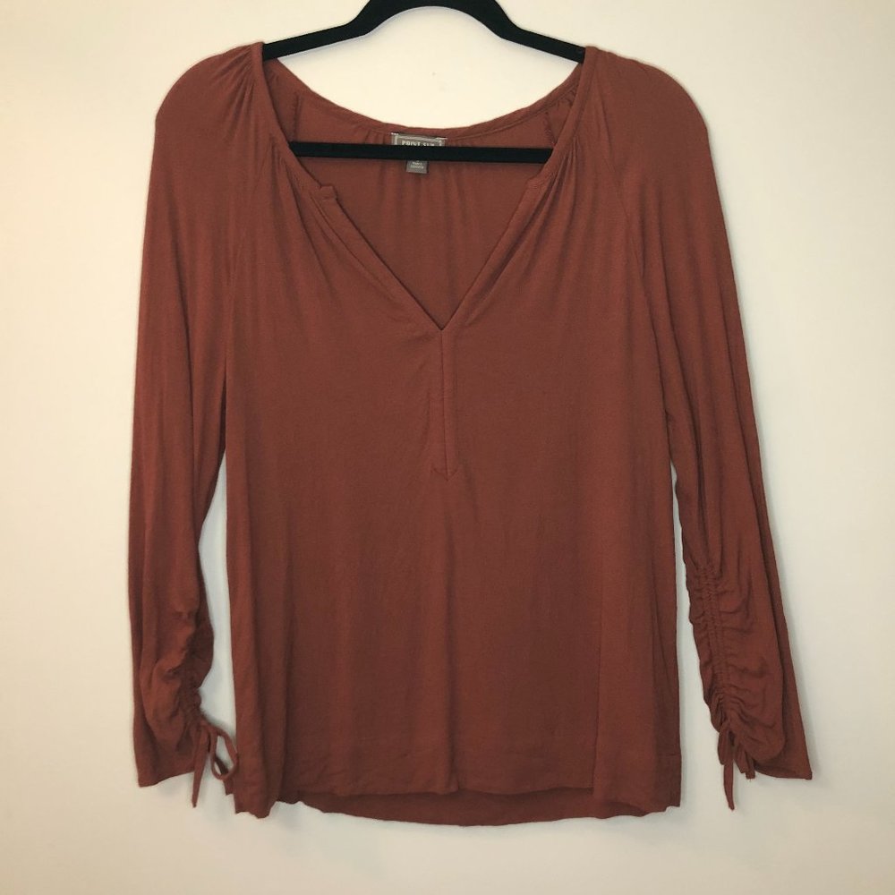 Point Sur Drapey open v-neck blouse cinch sleeve.